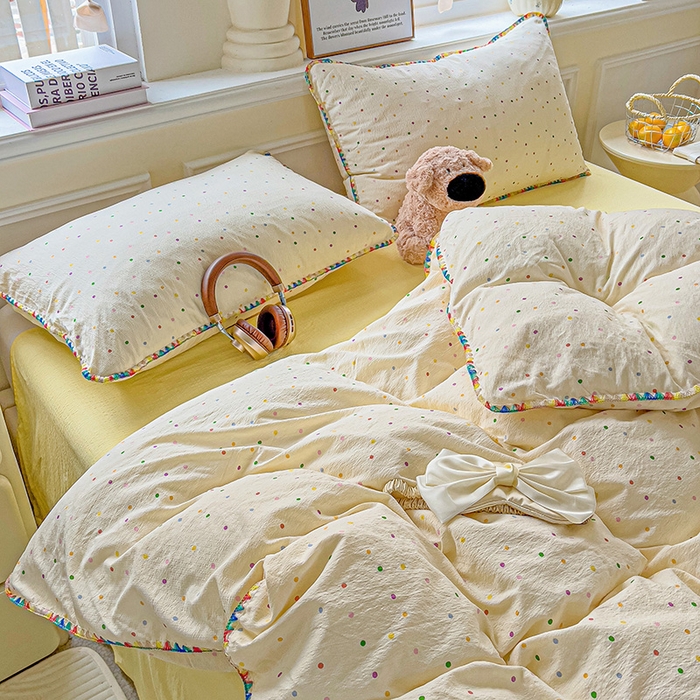 91家纺网 家纺一手货源 找家纺 Mata蔓塔家 2025春夏新款云感针织双层纱彩色贝壳边四件套 小波点