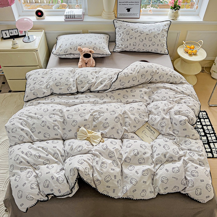 91家纺网 家纺一手货源 找家纺 Mata蔓塔家 2025春夏新款云感针织双层纱彩色贝壳边四件套 猫咪恋人