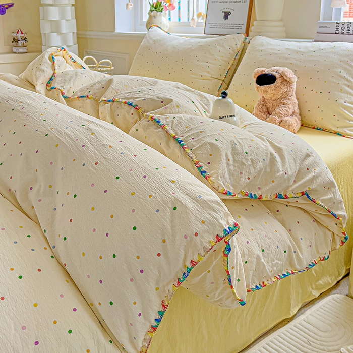 91家纺网 家纺一手货源 找家纺 Mata蔓塔家 2025春夏新款云感针织双层纱彩色贝壳边四件套 小波点