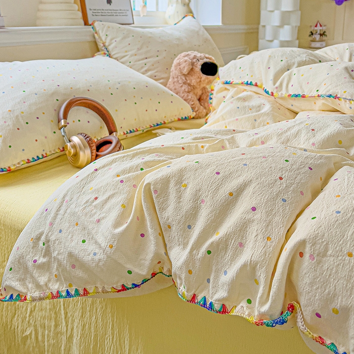 91家纺网 家纺一手货源 找家纺 Mata蔓塔家 2025春夏新款云感针织双层纱彩色贝壳边四件套 小波点