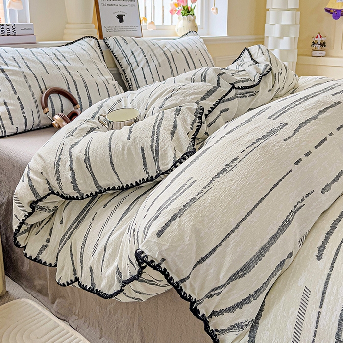 91家纺网 家纺一手货源 找家纺 Mata蔓塔家 2025春夏新款云感针织双层纱彩色贝壳边四件套 云边星辰