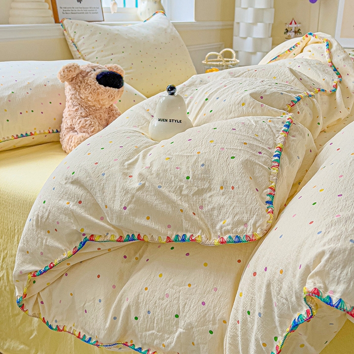 91家纺网 家纺一手货源 找家纺 Mata蔓塔家 2025春夏新款云感针织双层纱彩色贝壳边四件套 小波点