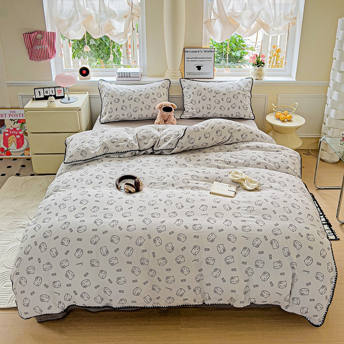 91家纺网 家纺一手货源 找家纺 Mata蔓塔家 2025春夏新款云感针织双层纱彩色贝壳边四件套 猫咪恋人