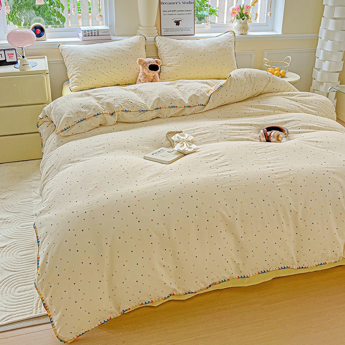 91家纺网 家纺一手货源 找家纺 Mata蔓塔家 2025春夏新款云感针织双层纱彩色贝壳边四件套 小波点