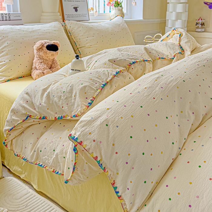 91家纺网 家纺一手货源 找家纺 Mata蔓塔家 2025春夏新款云感针织双层纱彩色贝壳边四件套 小波点