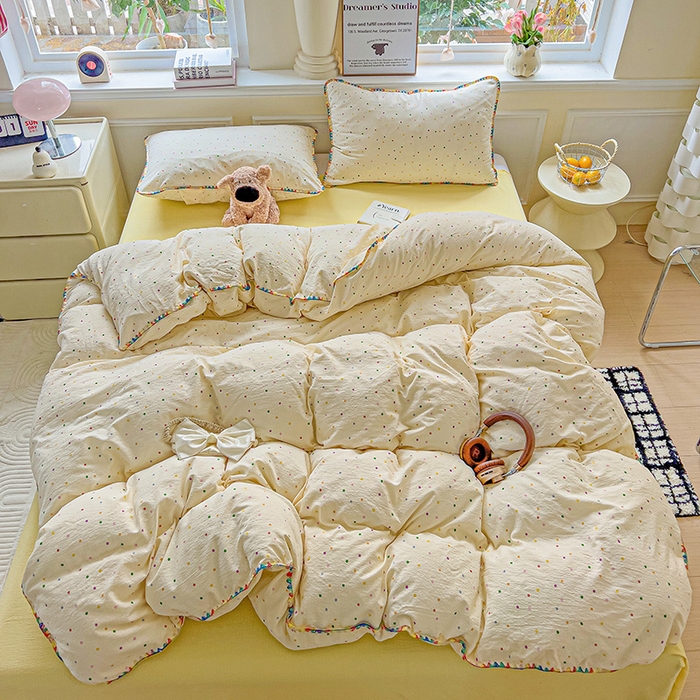 91家纺网 家纺一手货源 找家纺 Mata蔓塔家 2025春夏新款云感针织双层纱彩色贝壳边四件套 小波点