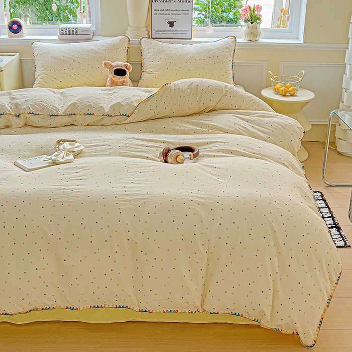 91家纺网 家纺一手货源 找家纺 Mata蔓塔家 2025春夏新款云感针织双层纱彩色贝壳边四件套 小波点