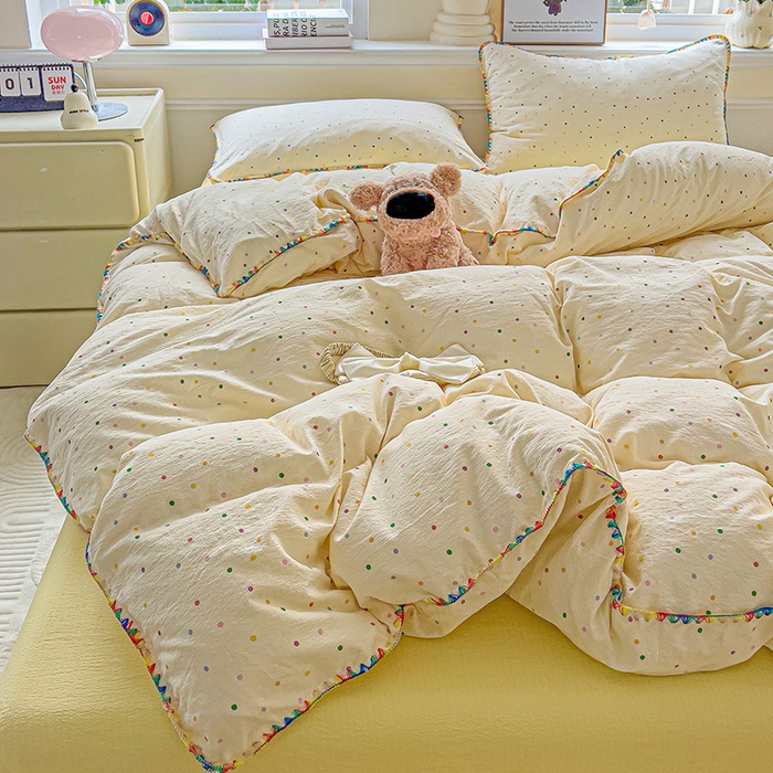 91家纺网 家纺一手货源 找家纺 Mata蔓塔家 2025春夏新款云感针织双层纱彩色贝壳边四件套 小波点