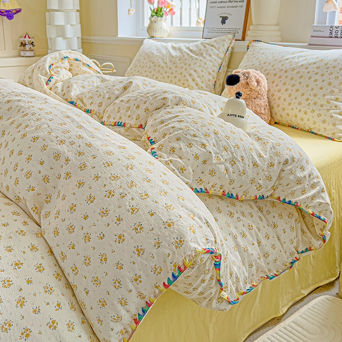 91家纺网 家纺一手货源 找家纺 Mata蔓塔家 2025春夏新款云感针织双层纱彩色贝壳边四件套 橘子海