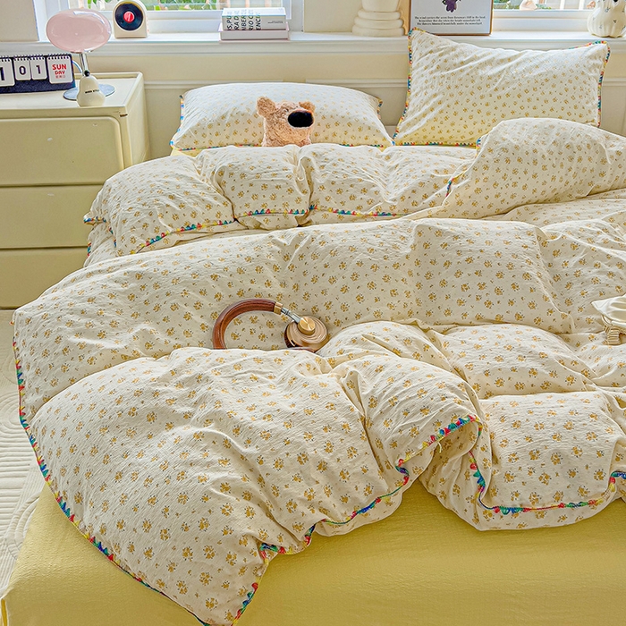 91家纺网 家纺一手货源 找家纺 Mata蔓塔家 2025春夏新款云感针织双层纱彩色贝壳边四件套 橘子海