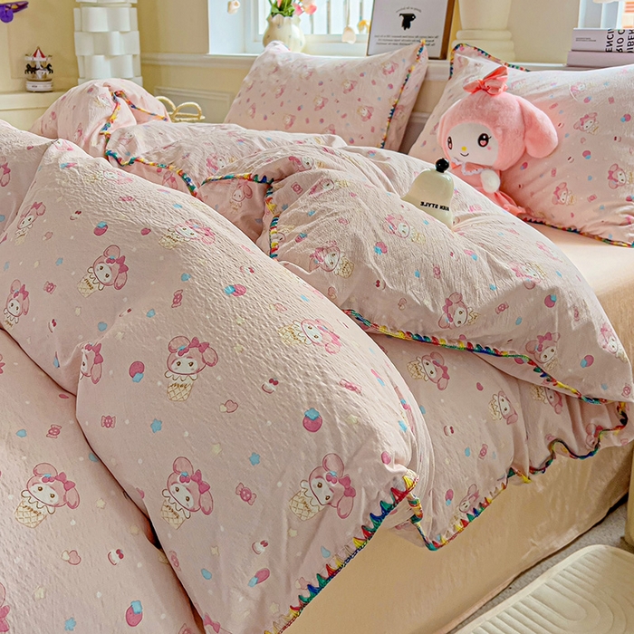 91家纺网 家纺一手货源 找家纺 Mata蔓塔家 2025春夏新款云感针织双层纱彩色贝壳边四件套 小美冰淇淋