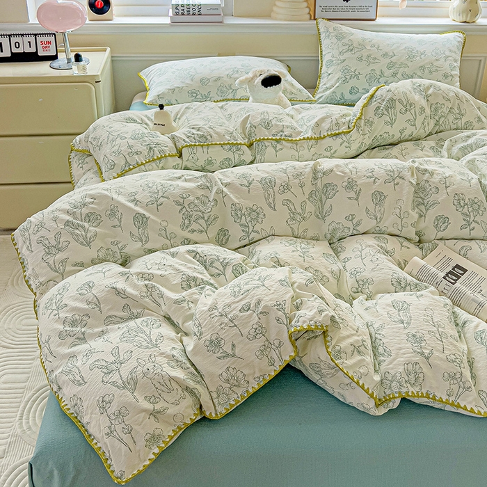 91家纺网 家纺一手货源 找家纺 Mata蔓塔家 2025春夏新款云感针织双层纱彩色贝壳边四件套 海像森林