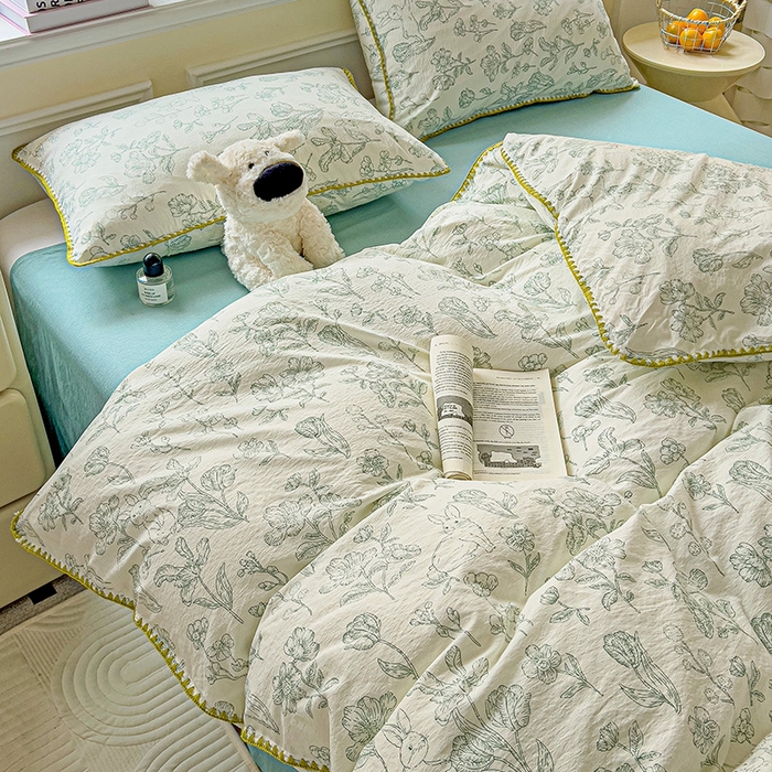 91家纺网 家纺一手货源 找家纺 Mata蔓塔家 2025春夏新款云感针织双层纱彩色贝壳边四件套 海像森林