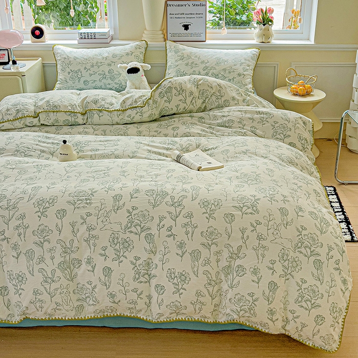 91家纺网 家纺一手货源 找家纺 Mata蔓塔家 2025春夏新款云感针织双层纱彩色贝壳边四件套 海像森林