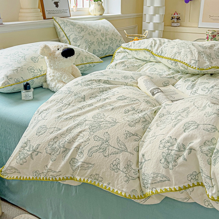 91家纺网 家纺一手货源 找家纺 Mata蔓塔家 2025春夏新款云感针织双层纱彩色贝壳边四件套 海像森林