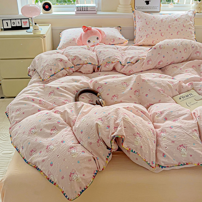 91家纺网 家纺一手货源 找家纺 Mata蔓塔家 2025春夏新款云感针织双层纱彩色贝壳边四件套 小美冰淇淋