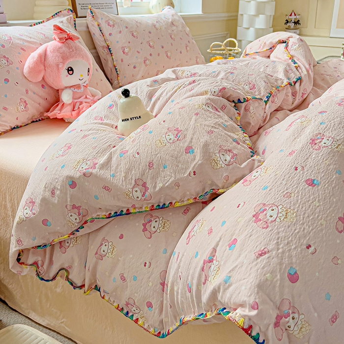 91家纺网 家纺一手货源 找家纺 Mata蔓塔家 2025春夏新款云感针织双层纱彩色贝壳边四件套 小美冰淇淋