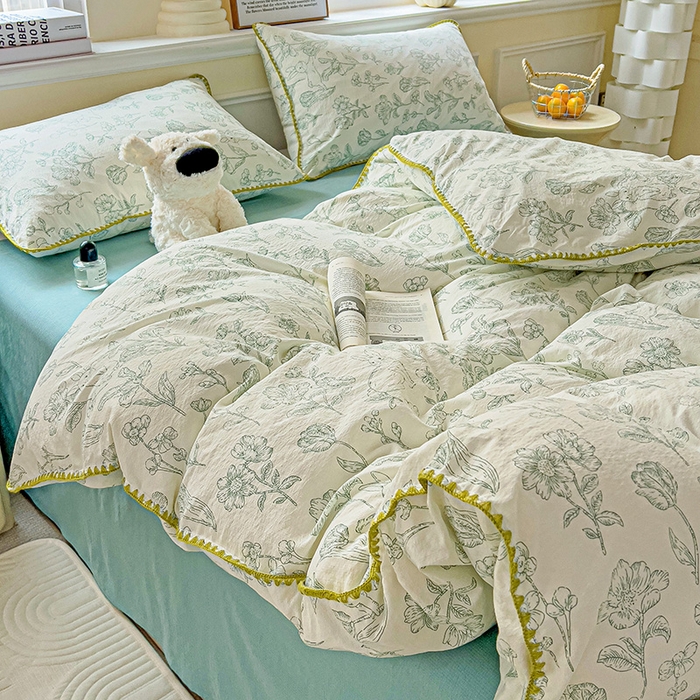 91家纺网 家纺一手货源 找家纺 Mata蔓塔家 2025春夏新款云感针织双层纱彩色贝壳边四件套 海像森林