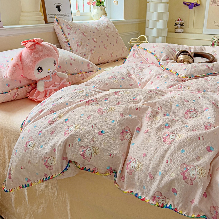 91家纺网 家纺一手货源 找家纺 Mata蔓塔家 2025春夏新款云感针织双层纱彩色贝壳边四件套 小美冰淇淋