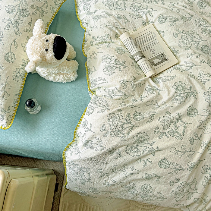 91家纺网 家纺一手货源 找家纺 Mata蔓塔家 2025春夏新款云感针织双层纱彩色贝壳边四件套 海像森林