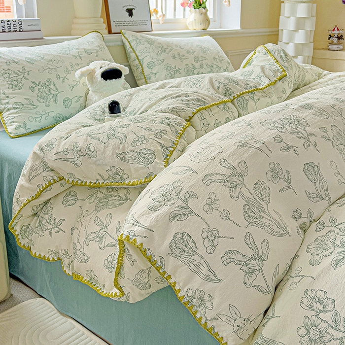 91家纺网 家纺一手货源 找家纺 Mata蔓塔家 2025春夏新款云感针织双层纱彩色贝壳边四件套 海像森林