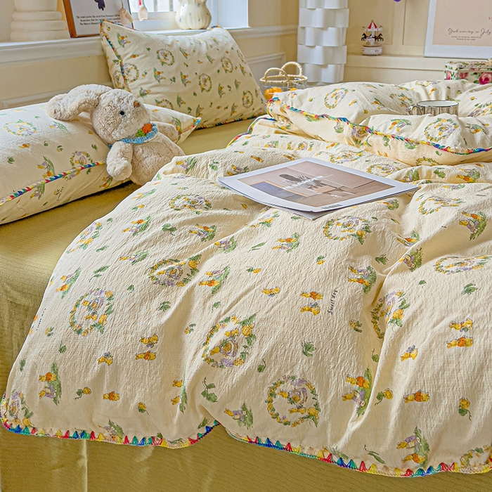 91家纺网 家纺一手货源 找家纺 Mata蔓塔家 2025春夏新款云感针织双层纱彩色贝壳边四件套 兔子的欢喜