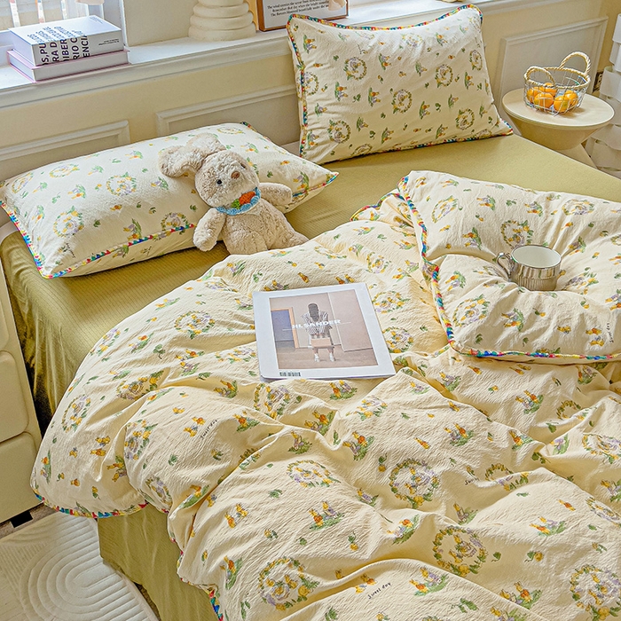 91家纺网 家纺一手货源 找家纺 Mata蔓塔家 2025春夏新款云感针织双层纱彩色贝壳边四件套 兔子的欢喜