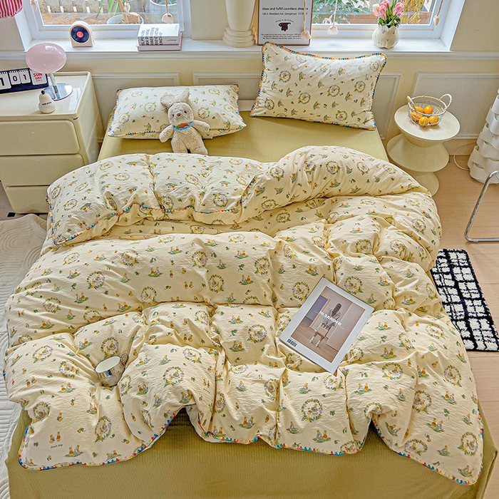 91家纺网 家纺一手货源 找家纺 Mata蔓塔家 2025春夏新款云感针织双层纱彩色贝壳边四件套 兔子的欢喜