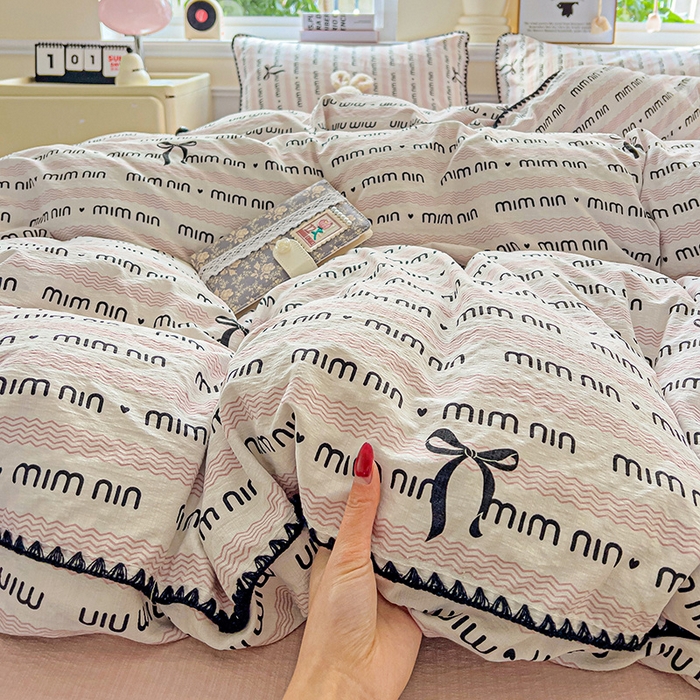 91家纺网 家纺一手货源 找家纺 Mata蔓塔家 2025春夏新款云感针织双层纱彩色贝壳边四件套 韵味-粉