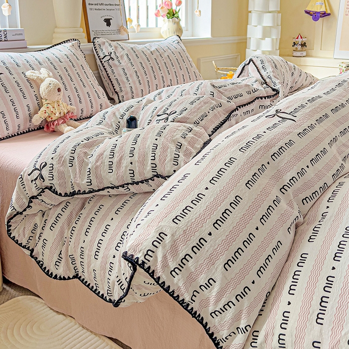 91家纺网 家纺一手货源 找家纺 Mata蔓塔家 2025春夏新款云感针织双层纱彩色贝壳边四件套 韵味-粉