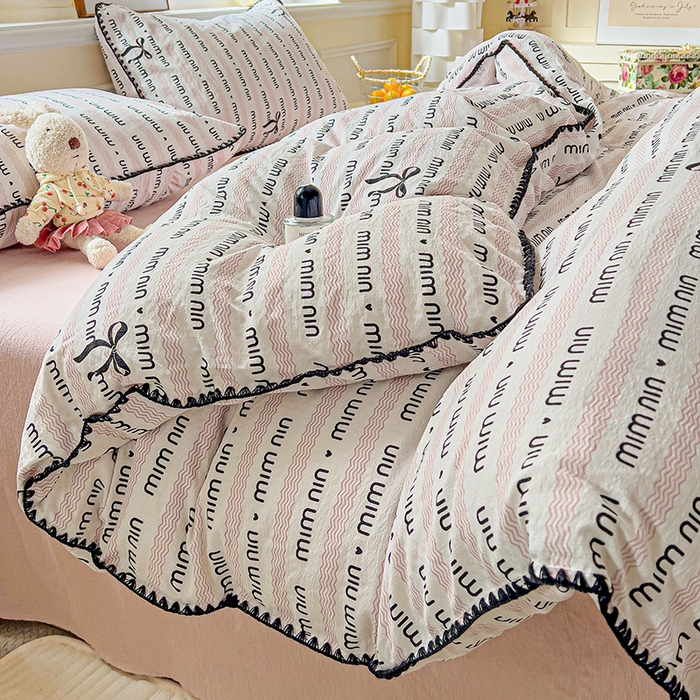 91家纺网 家纺一手货源 找家纺 Mata蔓塔家 2025春夏新款云感针织双层纱彩色贝壳边四件套 韵味-粉