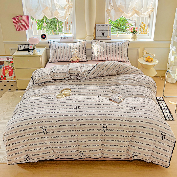 91家纺网 家纺一手货源 找家纺 Mata蔓塔家 2025春夏新款云感针织双层纱彩色贝壳边四件套 韵味-粉