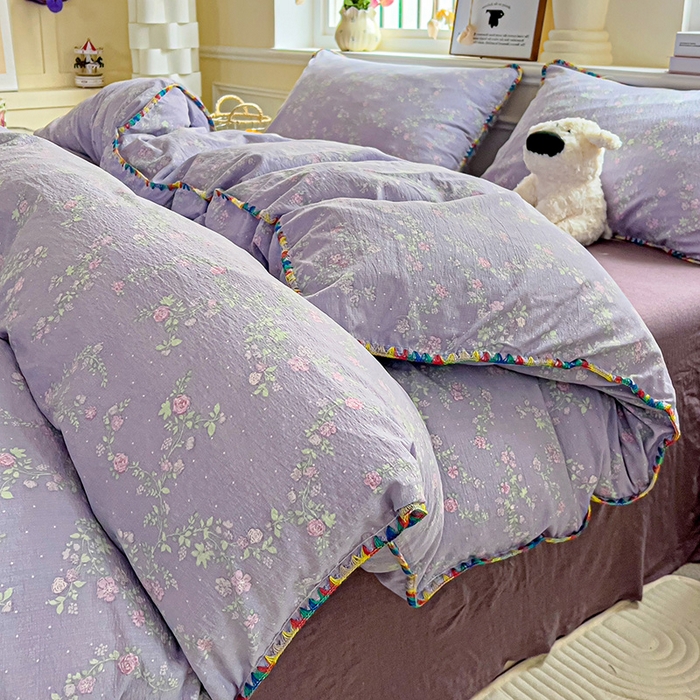 91家纺网 家纺一手货源 找家纺 Mata蔓塔家 2025春夏新款云感针织双层纱彩色贝壳边四件套 恋如青柠香