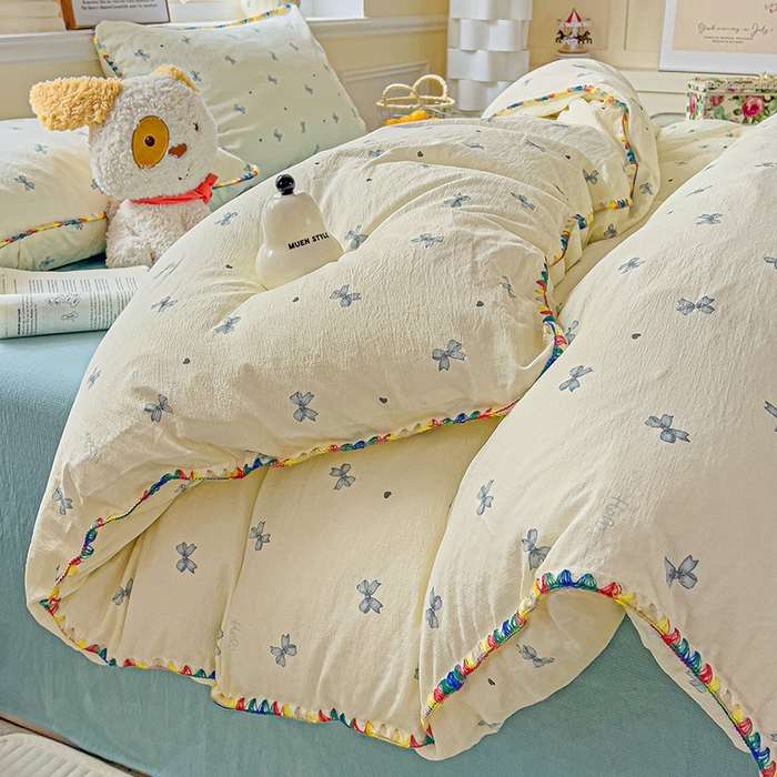 91家纺网 家纺一手货源 找家纺 Mata蔓塔家 2025春夏新款云感针织双层纱彩色贝壳边四件套 相思-蓝