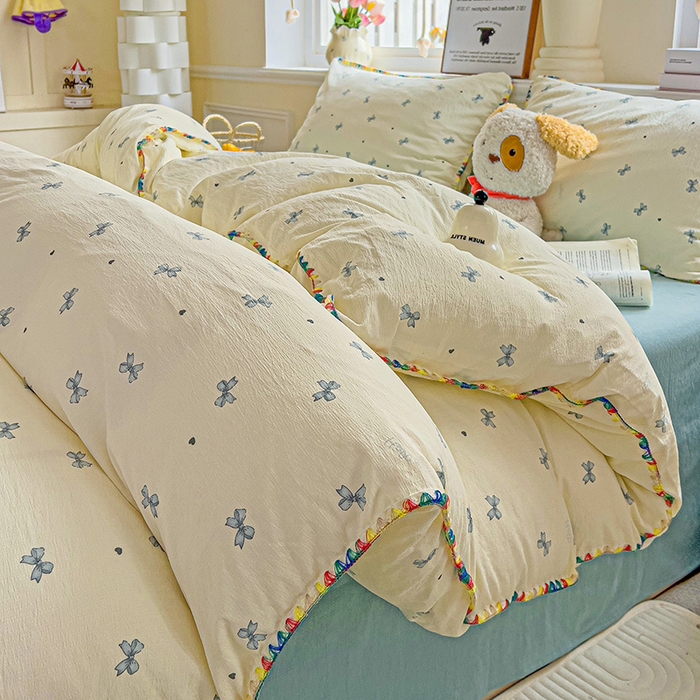 91家纺网 家纺一手货源 找家纺 Mata蔓塔家 2025春夏新款云感针织双层纱彩色贝壳边四件套 相思-蓝