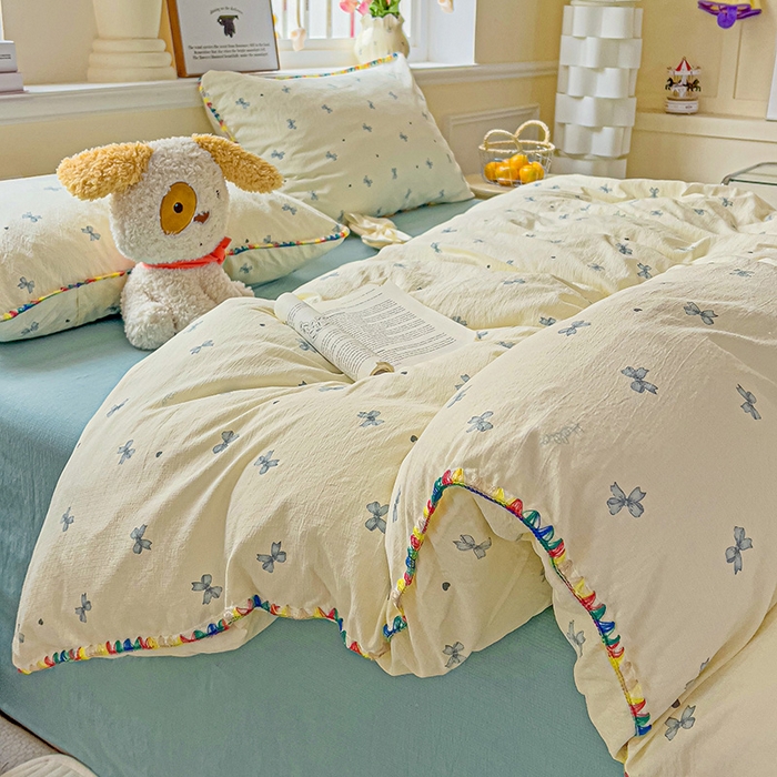 91家纺网 家纺一手货源 找家纺 Mata蔓塔家 2025春夏新款云感针织双层纱彩色贝壳边四件套 相思-蓝