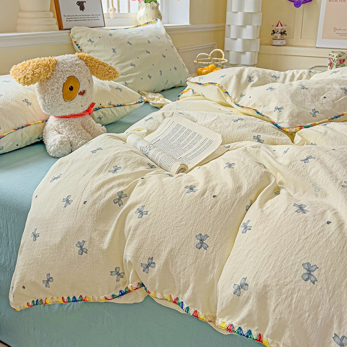 91家纺网 家纺一手货源 找家纺 Mata蔓塔家 2025春夏新款云感针织双层纱彩色贝壳边四件套 相思-蓝