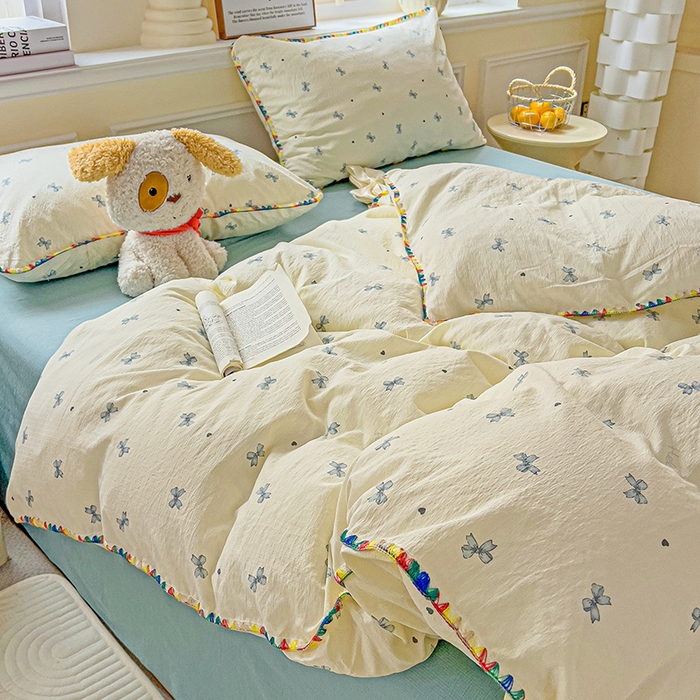 91家纺网 家纺一手货源 找家纺 Mata蔓塔家 2025春夏新款云感针织双层纱彩色贝壳边四件套 相思-蓝