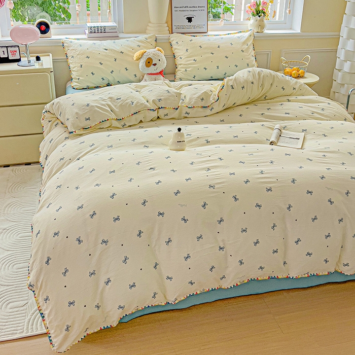 91家纺网 家纺一手货源 找家纺 Mata蔓塔家 2025春夏新款云感针织双层纱彩色贝壳边四件套 相思-蓝