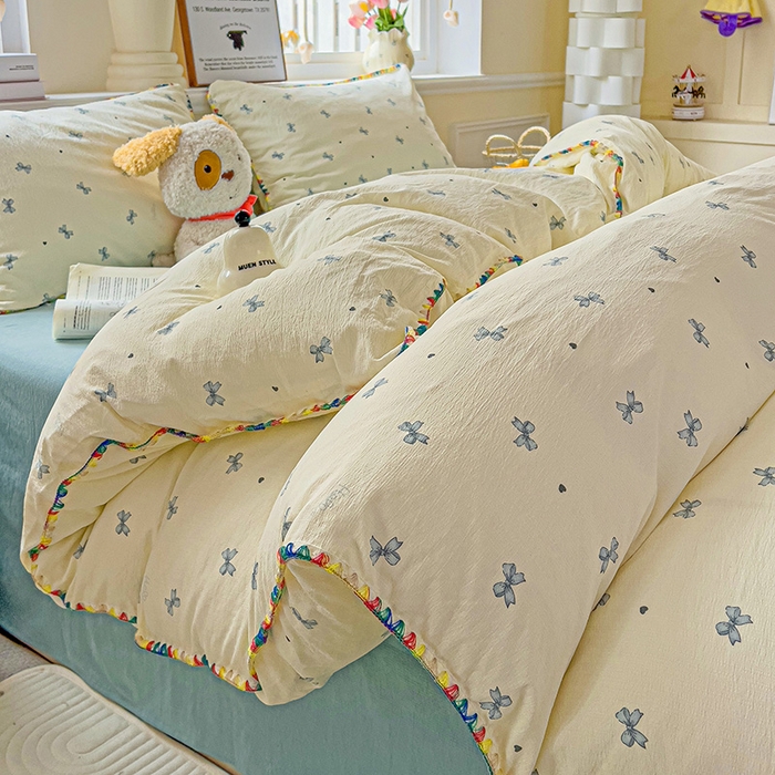 91家纺网 家纺一手货源 找家纺 Mata蔓塔家 2025春夏新款云感针织双层纱彩色贝壳边四件套 相思-蓝