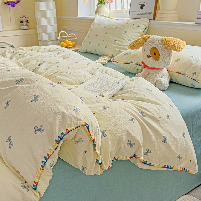 91家纺网 家纺一手货源 找家纺 Mata蔓塔家 2025春夏新款云感针织双层纱彩色贝壳边四件套 相思-蓝