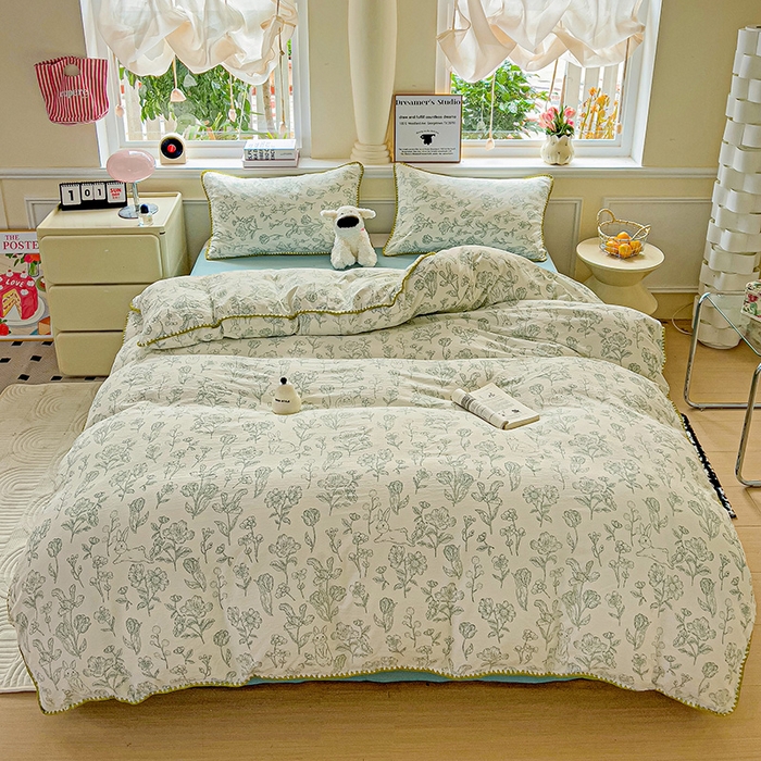 91家纺网 家纺一手货源 找家纺 Mata蔓塔家 2025春夏新款云感针织双层纱彩色贝壳边四件套 海像森林