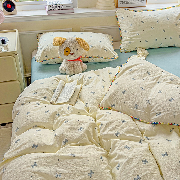 91家纺网 家纺一手货源 找家纺 Mata蔓塔家 2025春夏新款云感针织双层纱彩色贝壳边四件套 相思-蓝