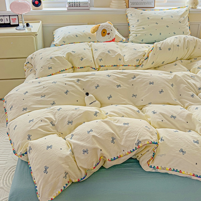 91家纺网 家纺一手货源 找家纺 Mata蔓塔家 2025春夏新款云感针织双层纱彩色贝壳边四件套 相思-蓝