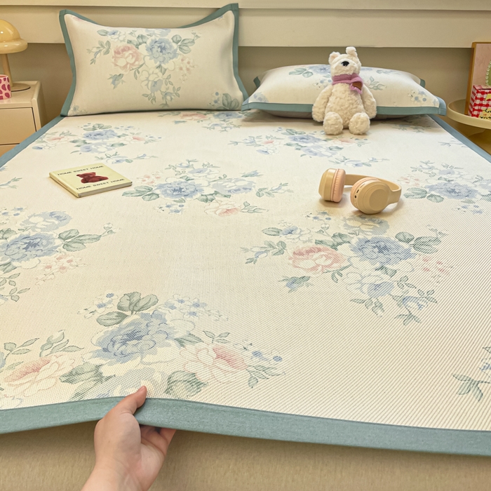 逸尚阁 2025春夏新款数码印花冰藤席空调席三件套 诗集花市-平铺款