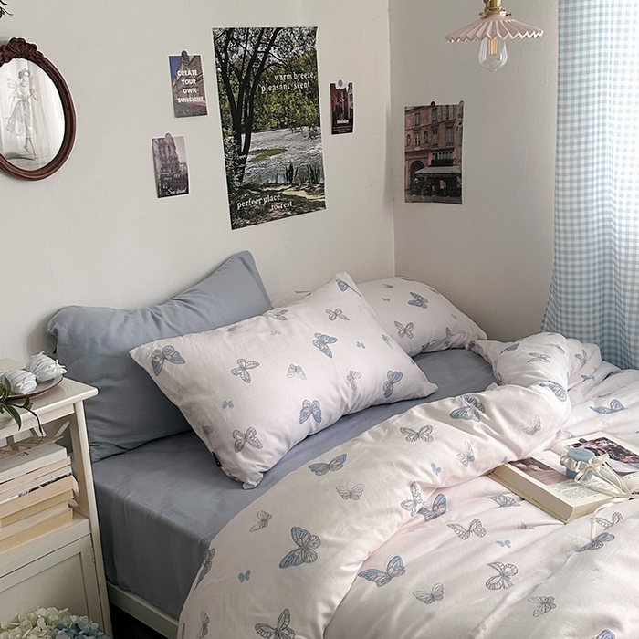 柚可家居 2025新款全工艺双层纱数码印花全棉四件套实拍图 蝴蝶蓝