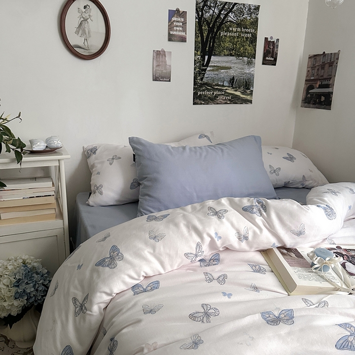 91家纺网 家纺一手货源 找家纺 柚可家居 2025新款全工艺双层纱数码印花全棉四件套实拍图 蝴蝶蓝