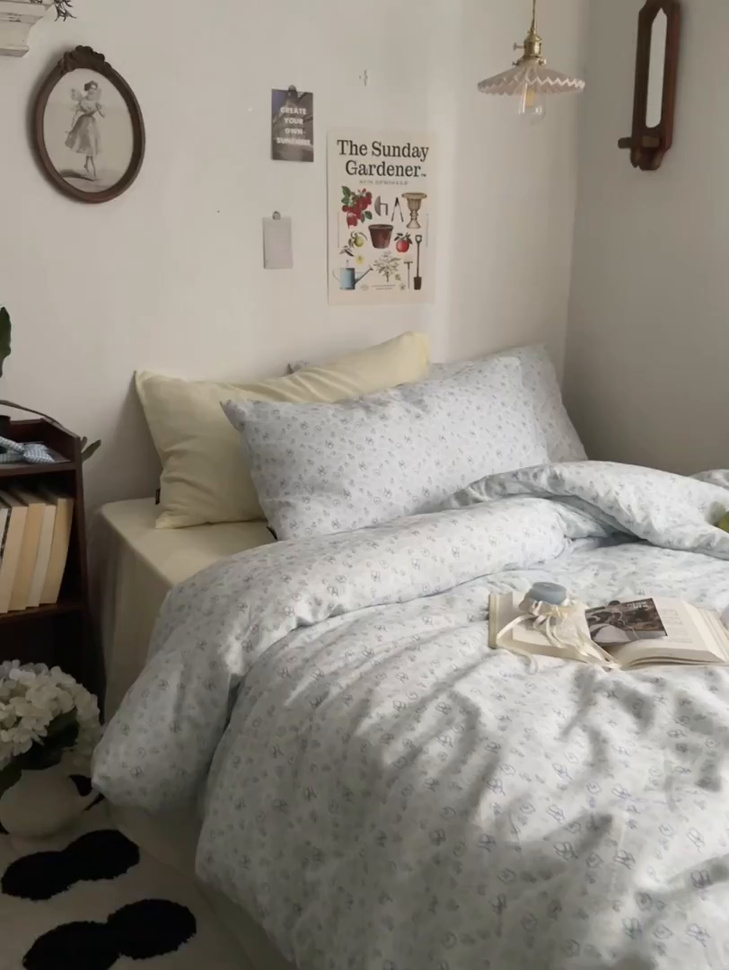 91家纺网 家纺一手货源 找家纺 柚可家居 2025新款全工艺双层纱数码印花全棉四件套实拍图 七日春信