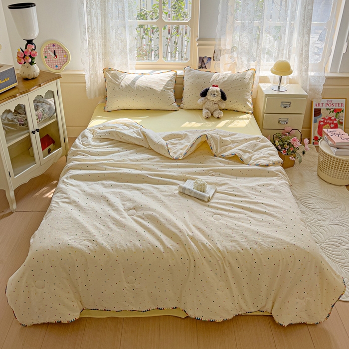 91家纺网 家纺一手货源 找家纺 Mata蔓塔家 2025新款云感针织双层纱彩色贝壳边夏被夏凉被空调被(有买家秀） 小波点