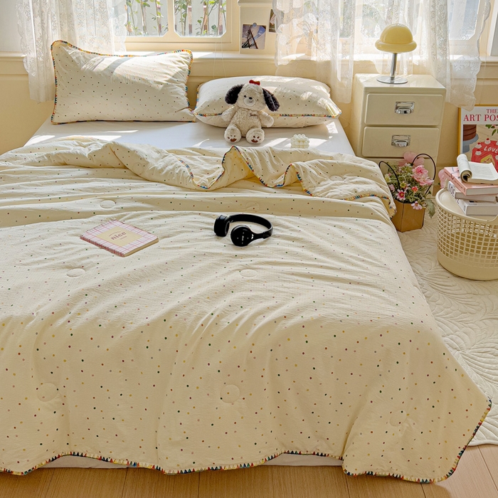 91家纺网 家纺一手货源 找家纺 Mata蔓塔家 2025新款云感针织双层纱彩色贝壳边夏被夏凉被空调被(有买家秀） 小波点